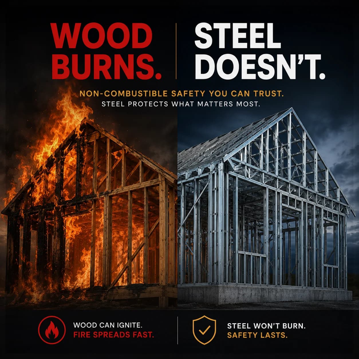 Fire resistance comparison between wood and STEEL framing.