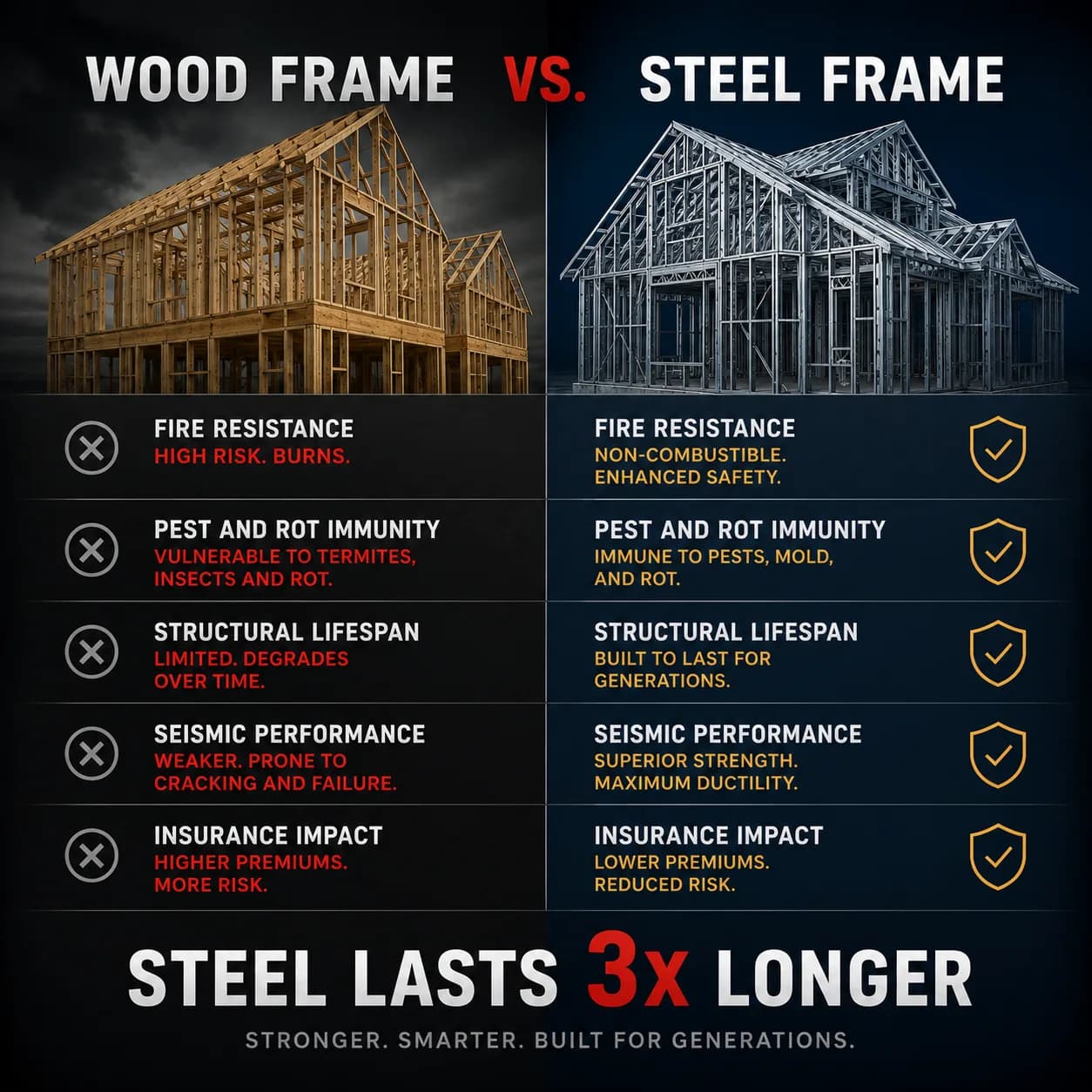 Wood frame versus STEEL frame comparison chart.