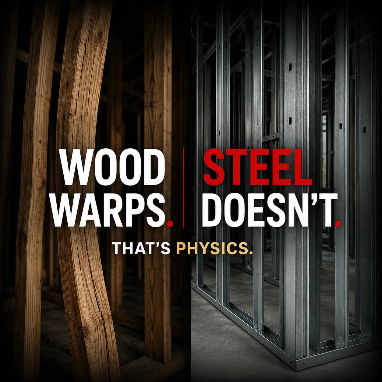 Wood warping compared with straight STEEL framing.