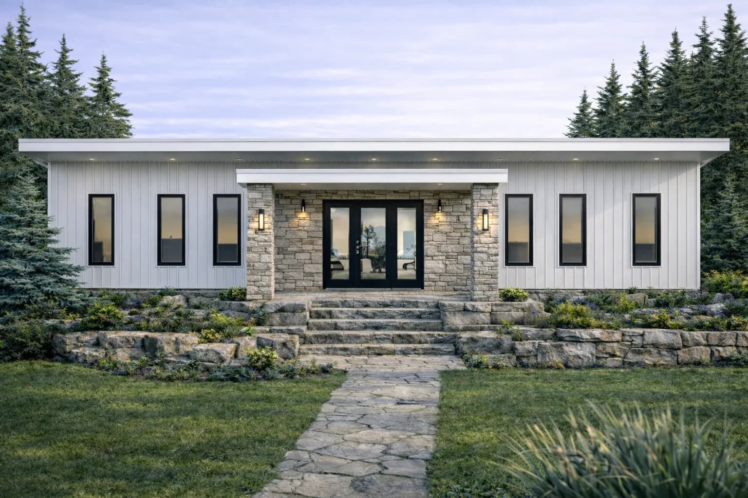 California Dreaming front elevation showing the horizontal profile, clean lines, and glazing rhythm.