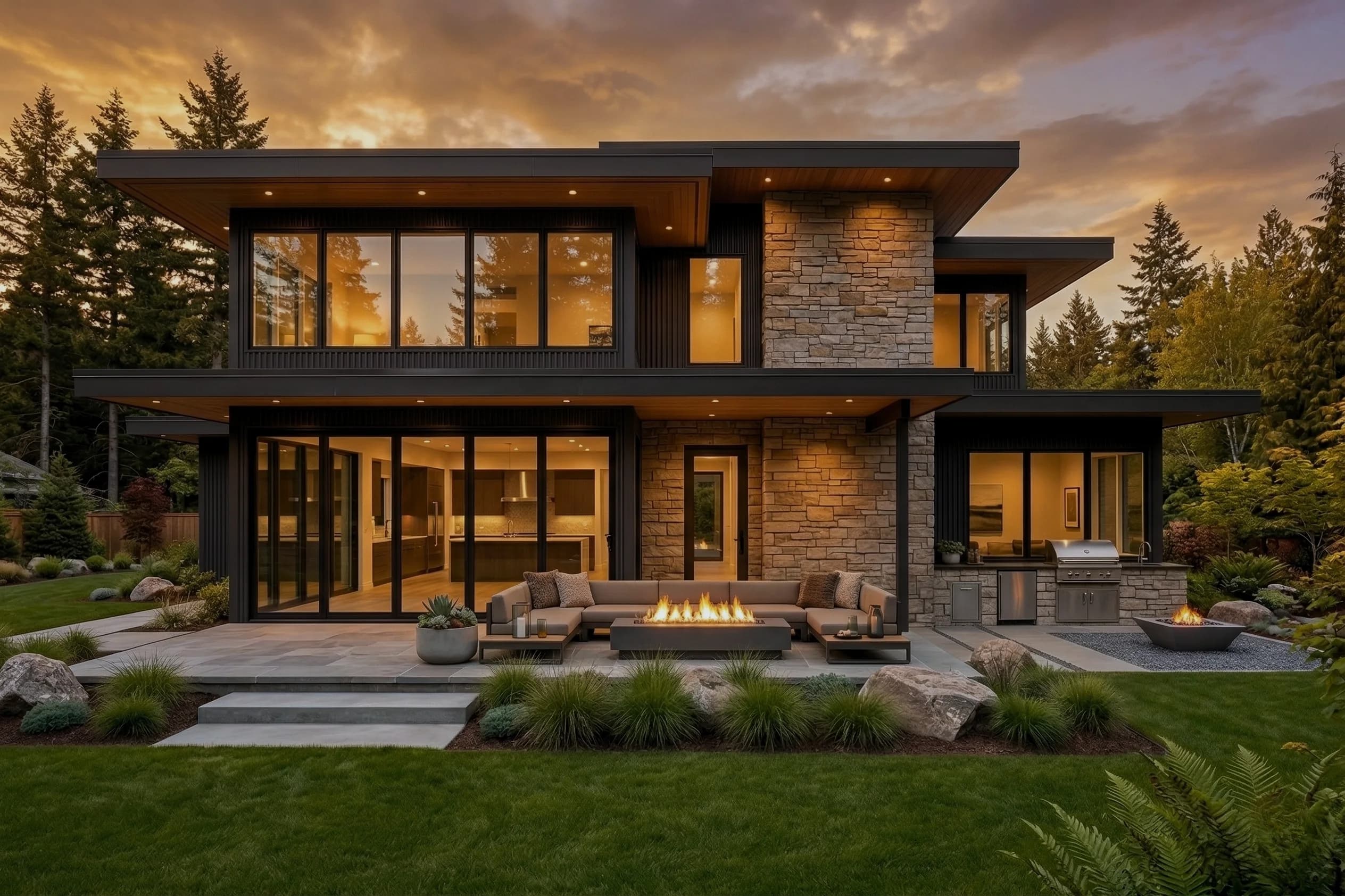 The rear elevation is where the home starts to breathe. Large openings, covered outdoor space, and warm interior light create the feeling of a private retreat built into the landscape.